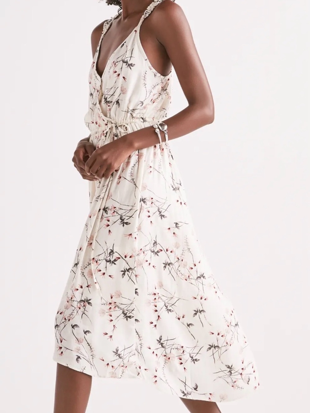 Lucky Brand Cream Floral Wrap Midi Dress with Pink Accents - Picture 3 of 13